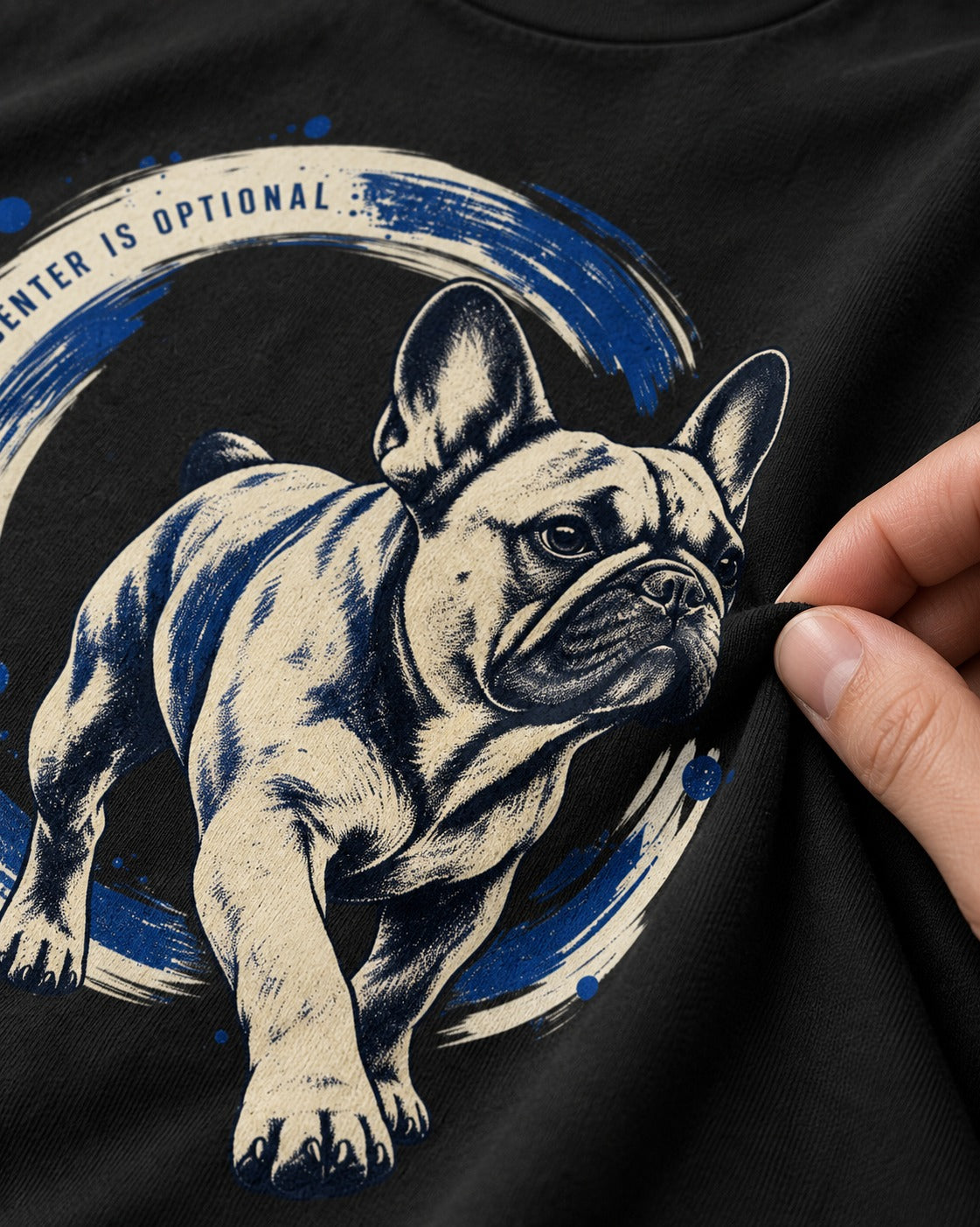 Frenchie Center Is Optional Brush Circle Graphic T-Shirt in Black, close-up of the graphic