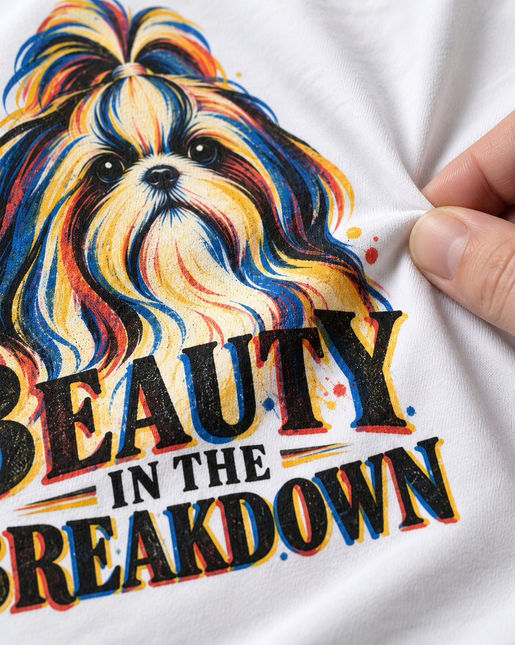 Shih Tzu Beauty in the Breakdown T-Shirt in White, close-up of the graphic