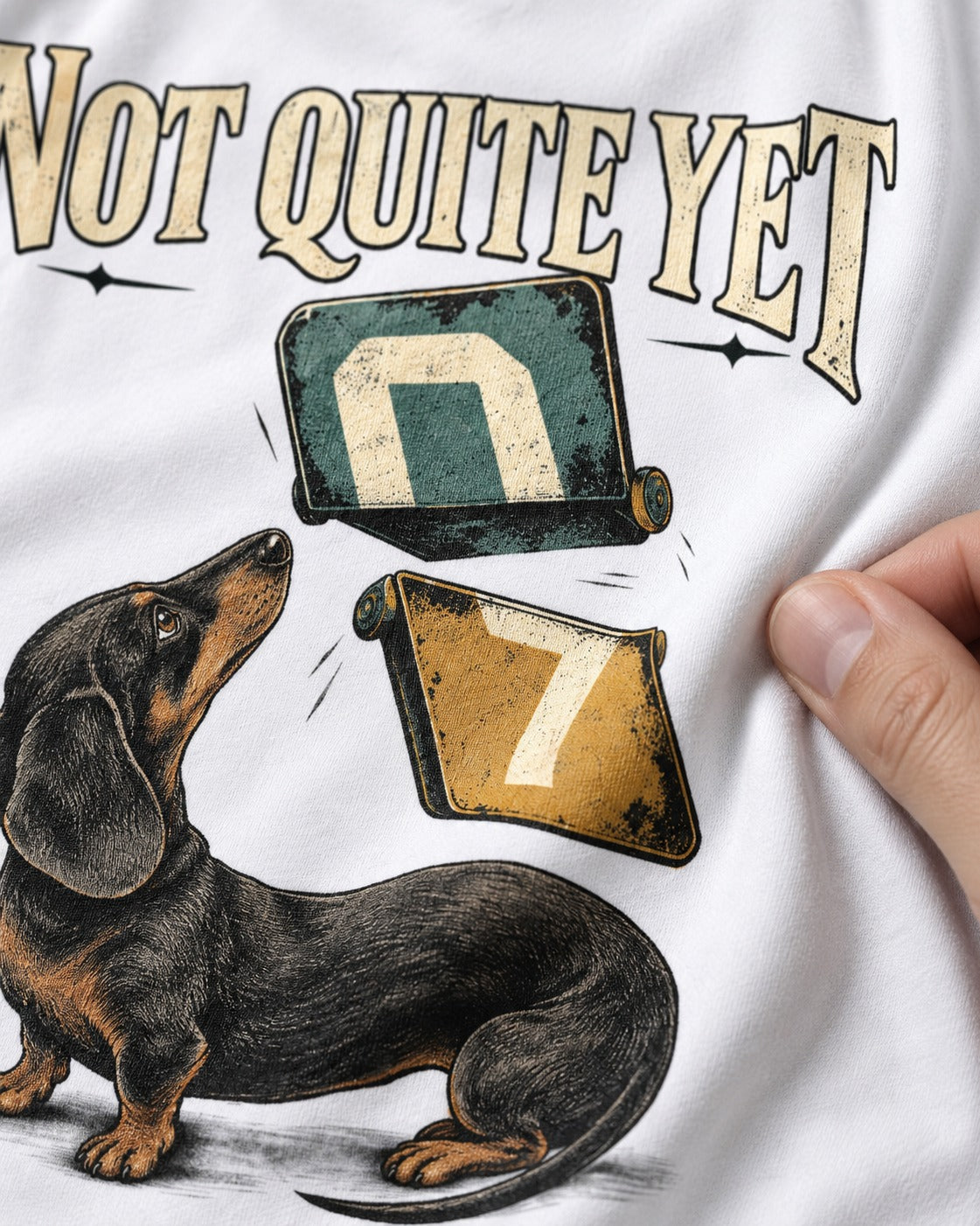 Not Quite Yet Dachshund T-Shirt in White, close-up of the graphic