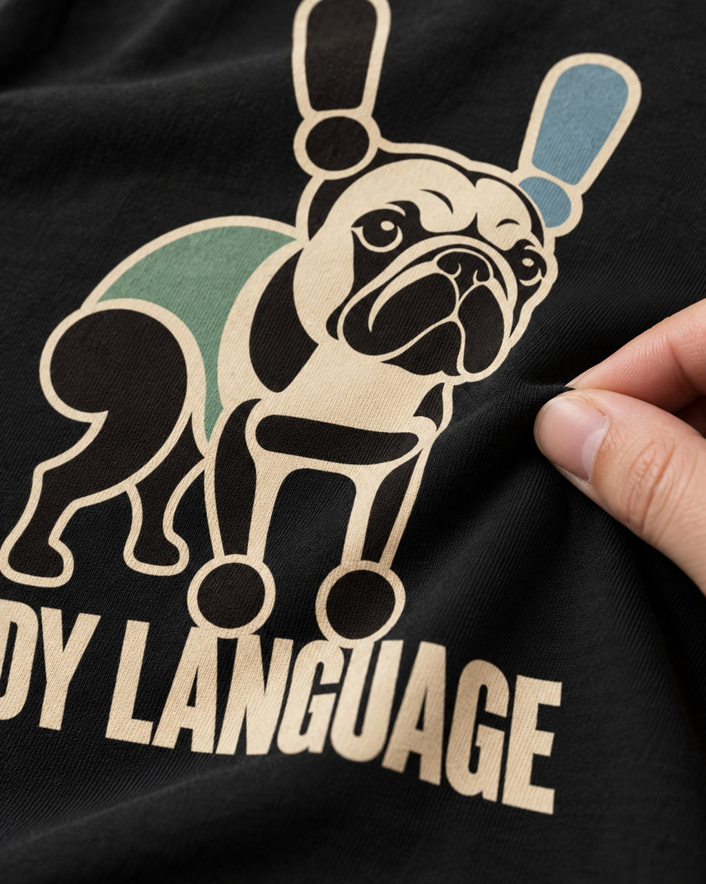 Frenchie Body Language Punctuation Graphic T-Shirt in Black, close-up of the graphic