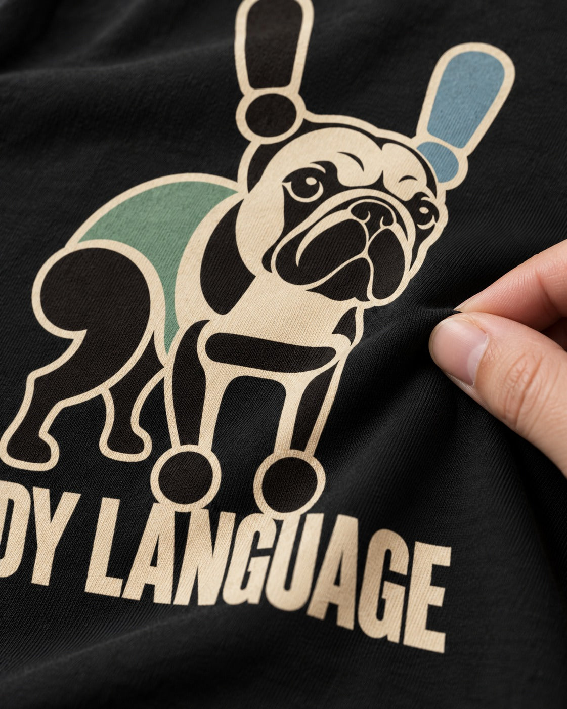 Frenchie Body Language Punctuation Graphic T-Shirt in Black, close-up of the graphic
