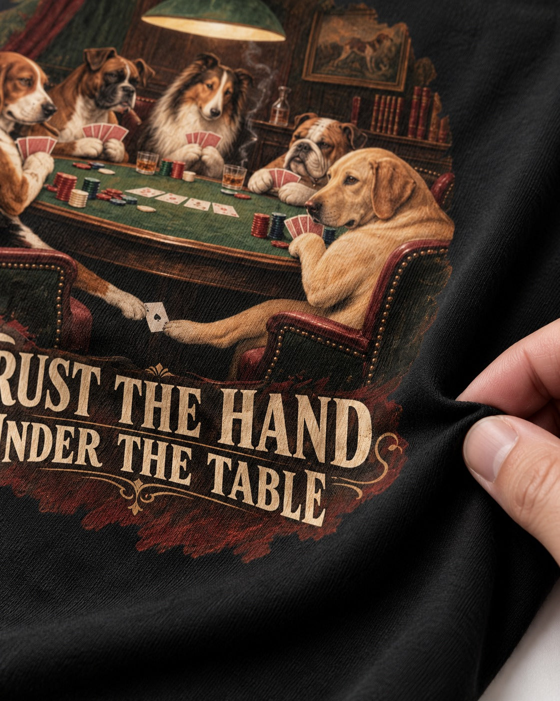 Labrador Retriever Trust the Hand Under the Table Poker Dogs Graphic T-Shirt in Black, close-up of the graphic