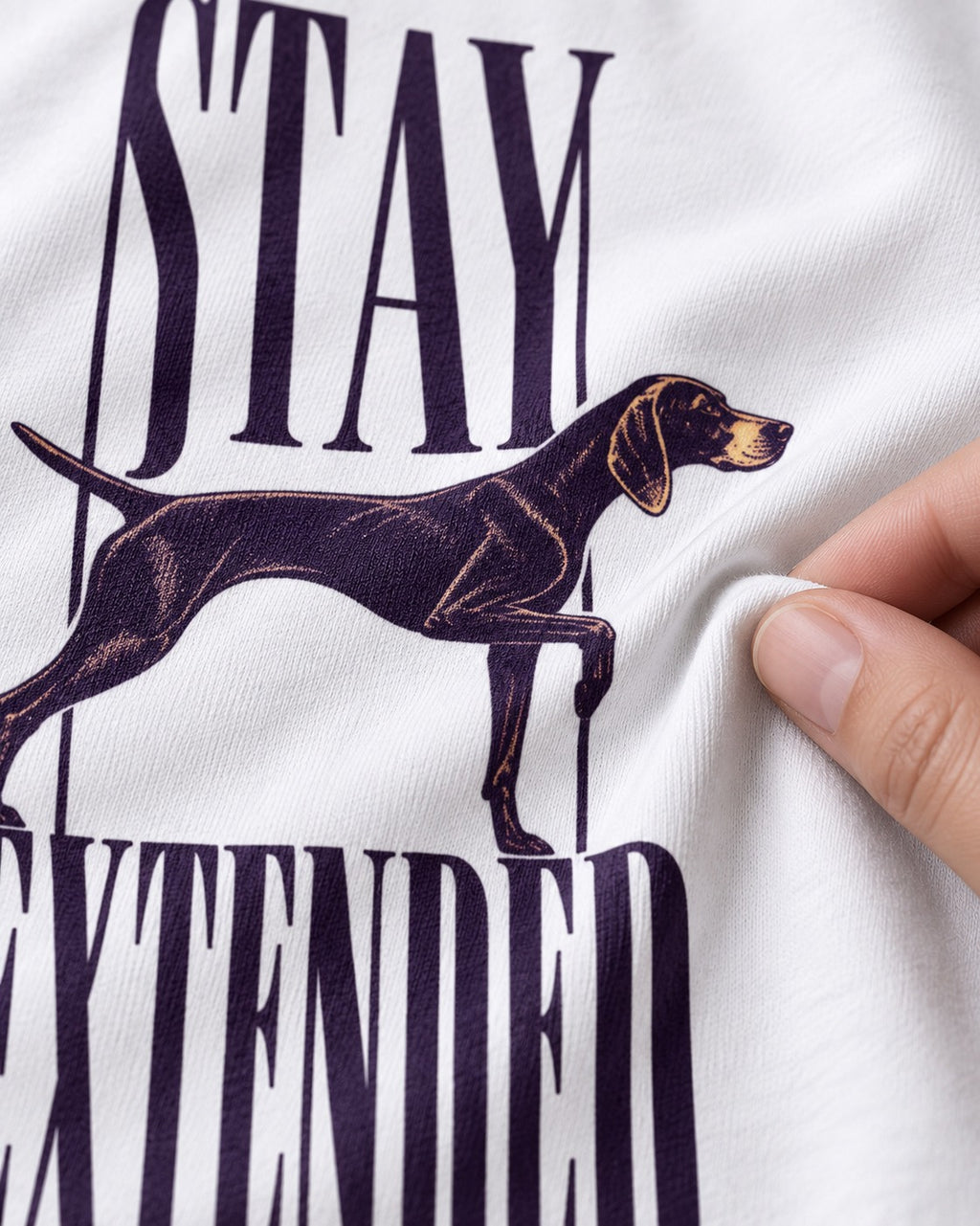 Stay Extended German Shorthaired Pointer T-Shirt in White, close-up of the graphic