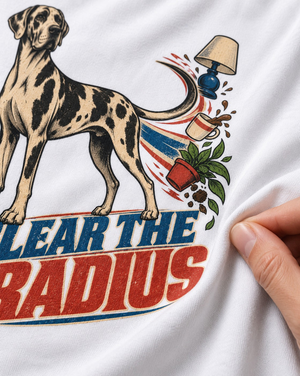 Great Dane Clear the Radius T-Shirt in White, close-up of the graphic
