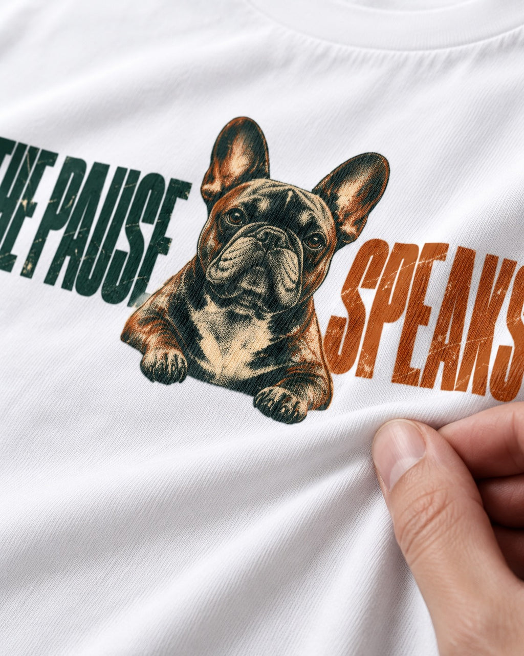 The Frenchie Pause Speaks T-Shirt in White, close-up of the graphic