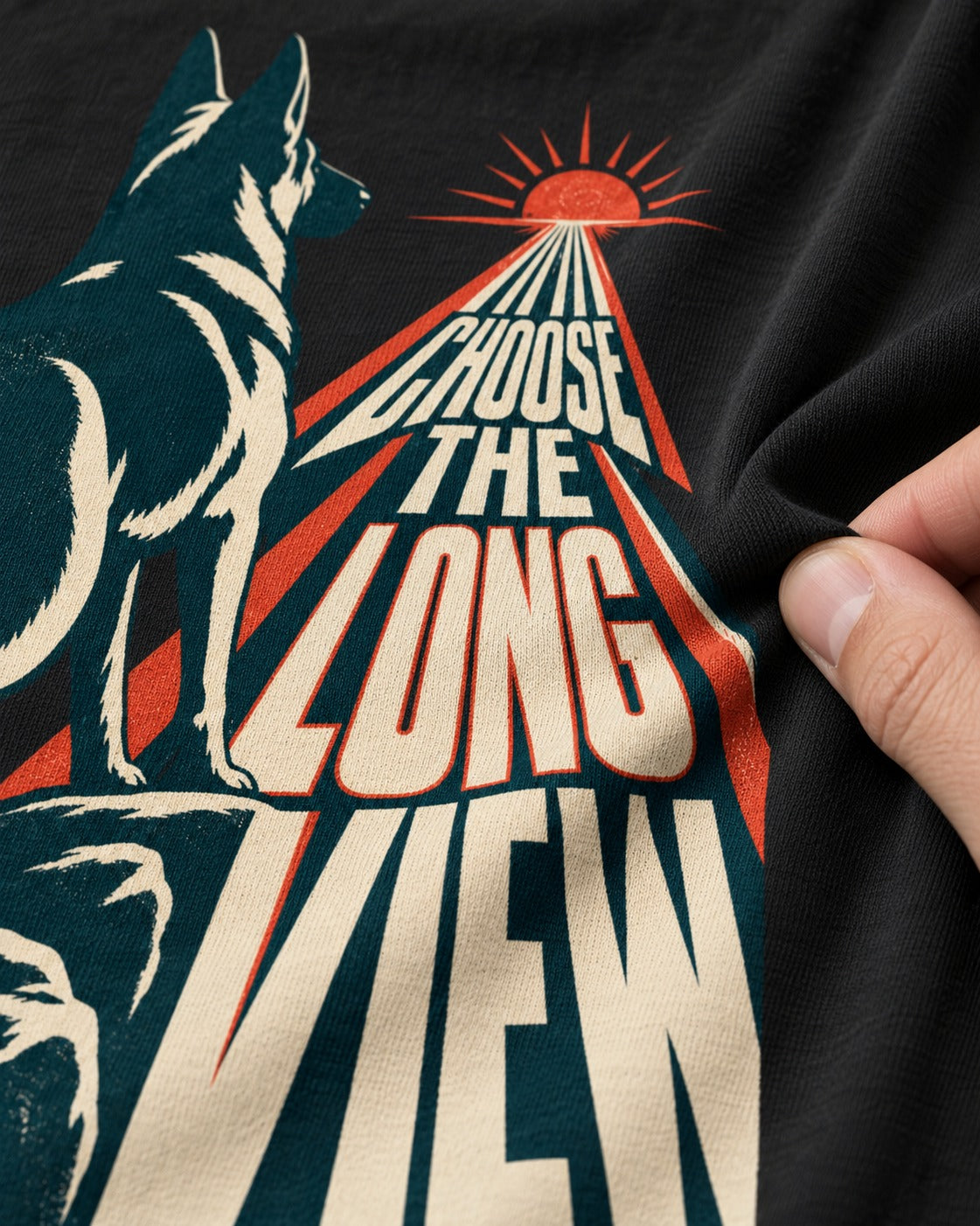 Choose the Long View Sunrise German Shepherd Dog Graphic T-Shirt in Black, close-up of the graphic
