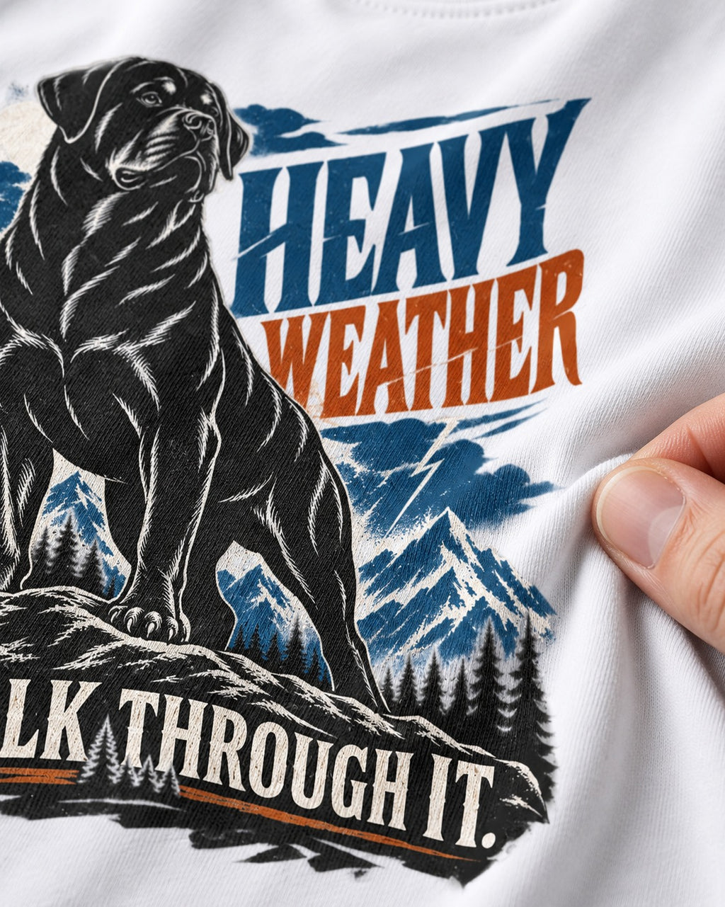 Heavy Weather Rottweiler T-Shirt in White, close-up of the graphic