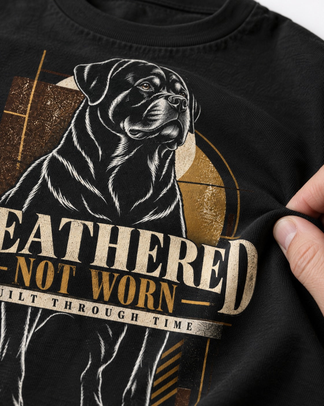 Rottweiler Weathered Not Worn Geometric Graphic T-Shirt in Black, close-up of the graphic