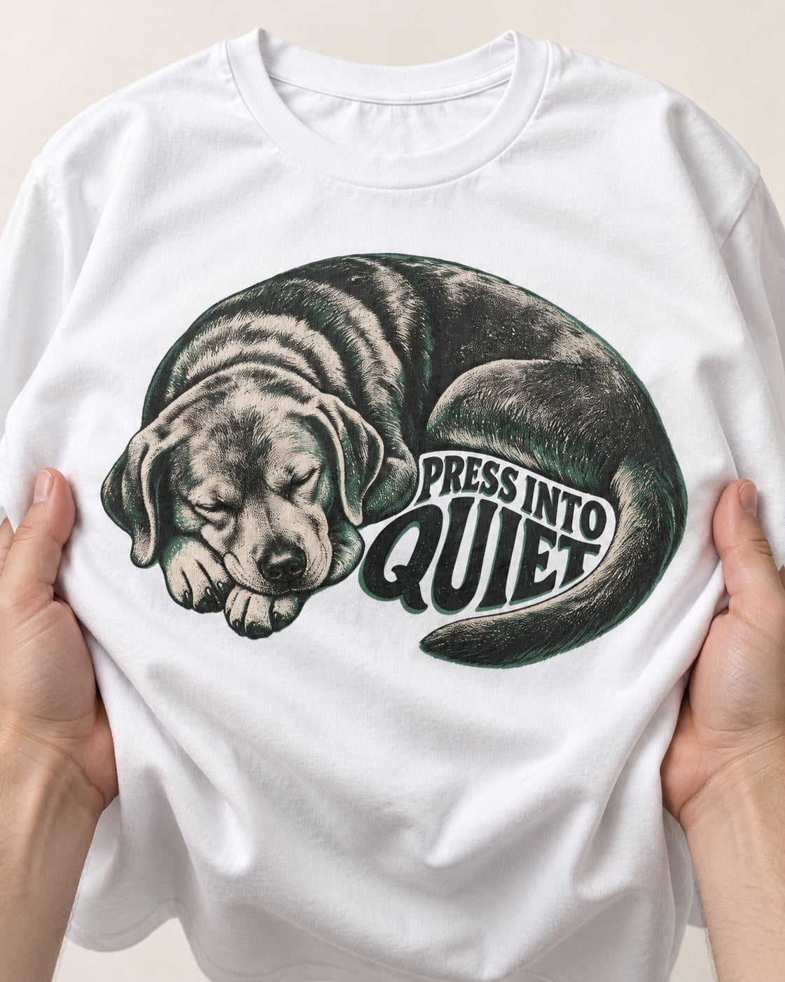 Labrador Retriever Press Into Quiet T-Shirt in White, close-up of the graphic