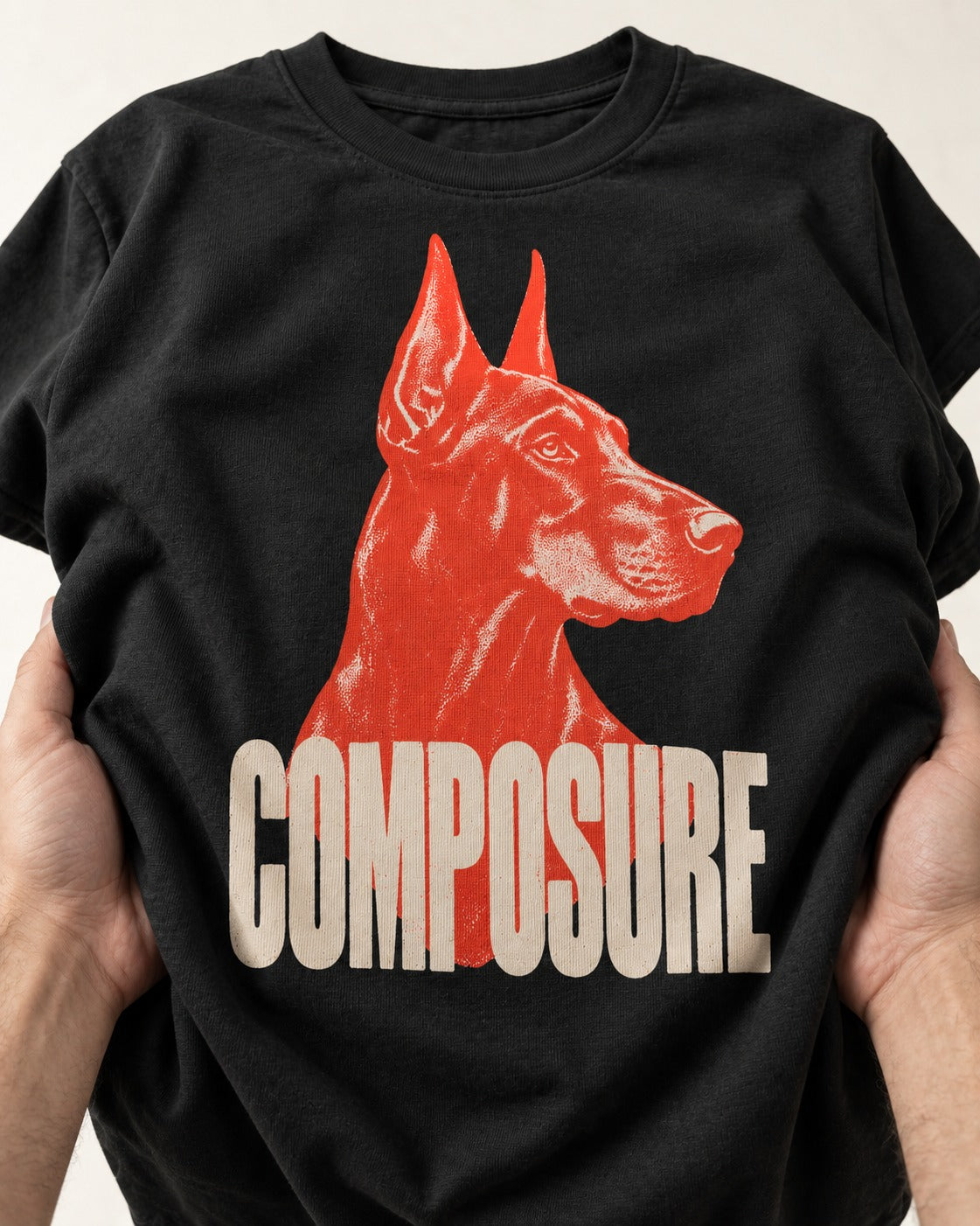 Doberman Composure Portrait Graphic T-Shirt in Black, close-up of the graphic