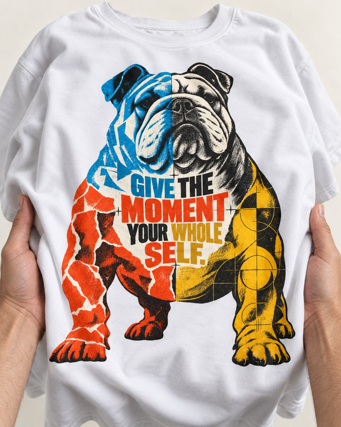 English Bulldog Give Your Whole Self T-Shirt in White, close-up of the graphic