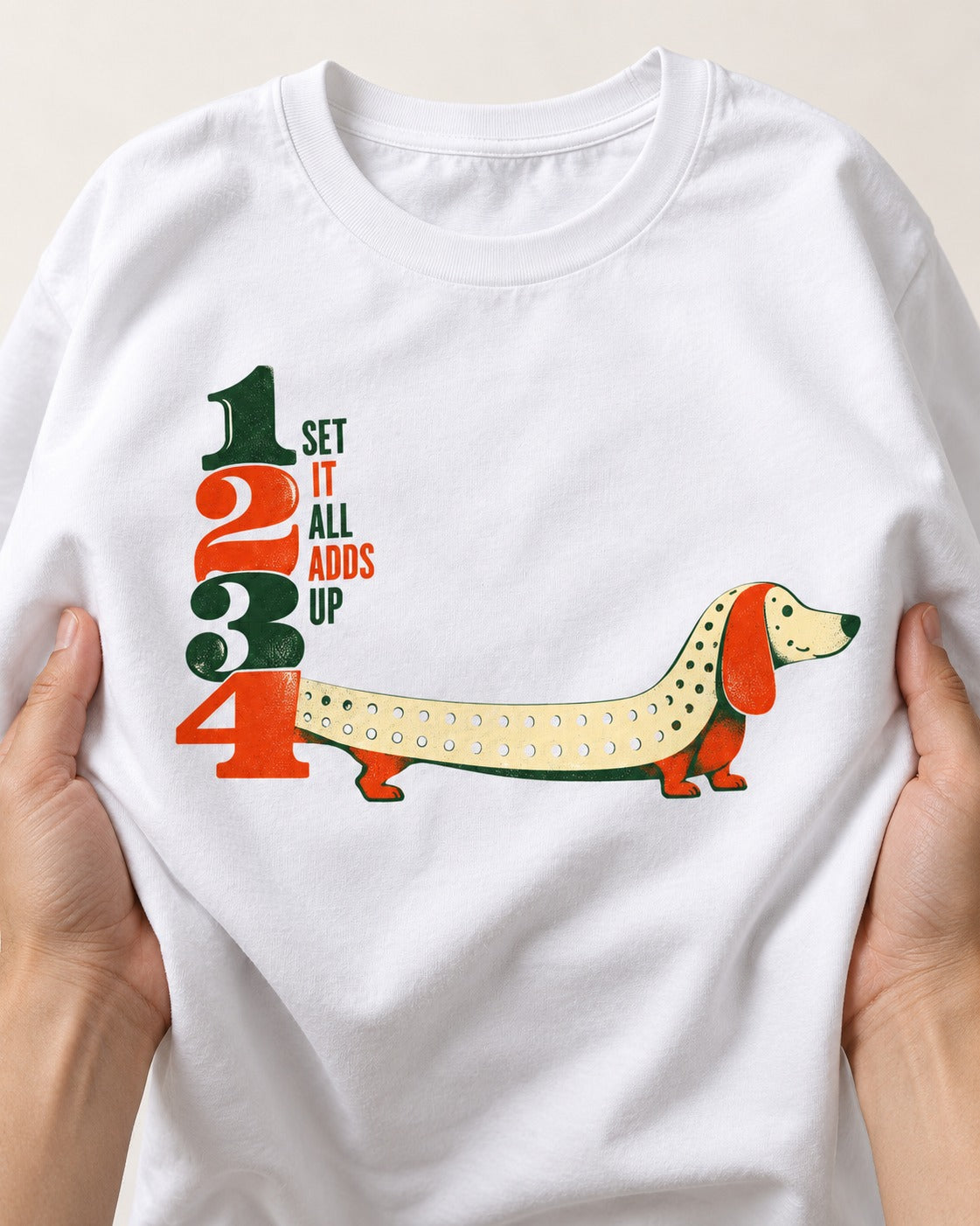 Dachshund Adds Up T-Shirt in White, close-up of the graphic