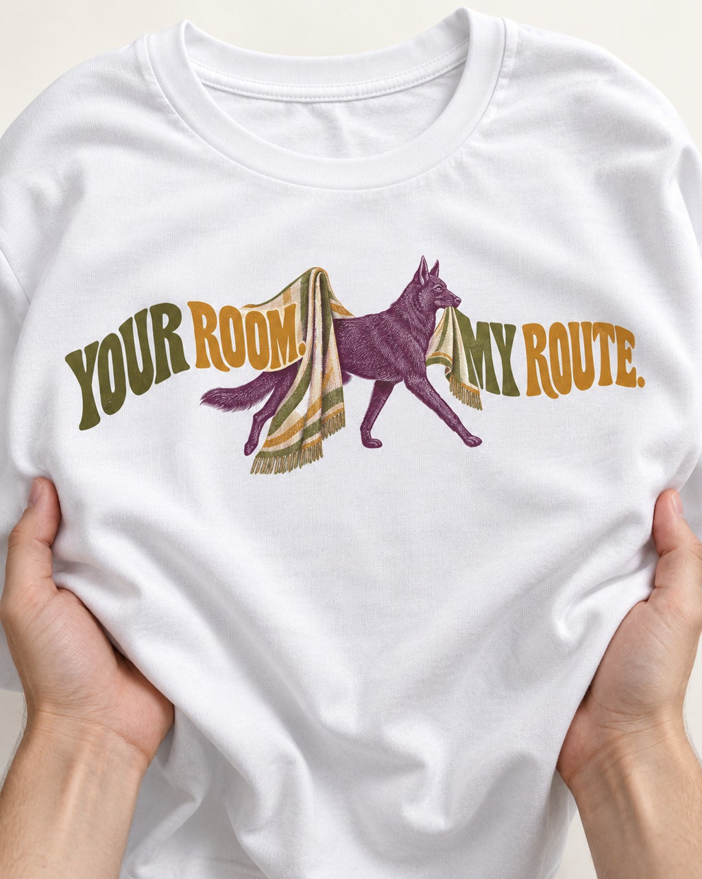 Your Room My Route German Shepherd Dog T-Shirt in White, close-up of the graphic