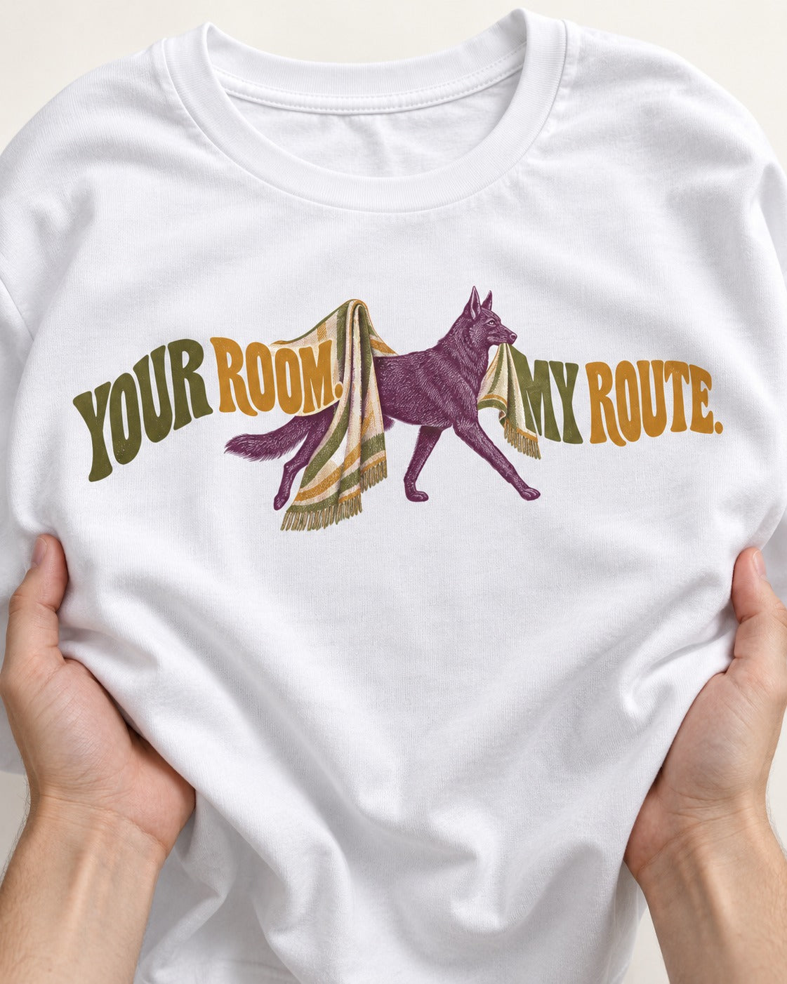 Your Room My Route German Shepherd Dog T-Shirt in White, close-up of the graphic
