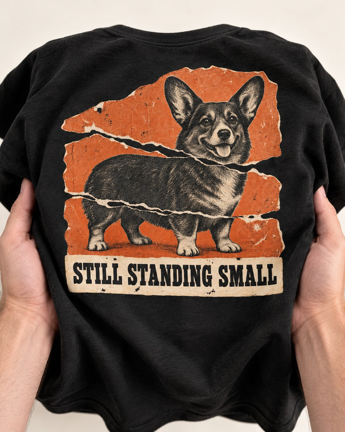 Corgi Still Standing Small Torn Poster T-Shirt in Black, close-up of the graphic
