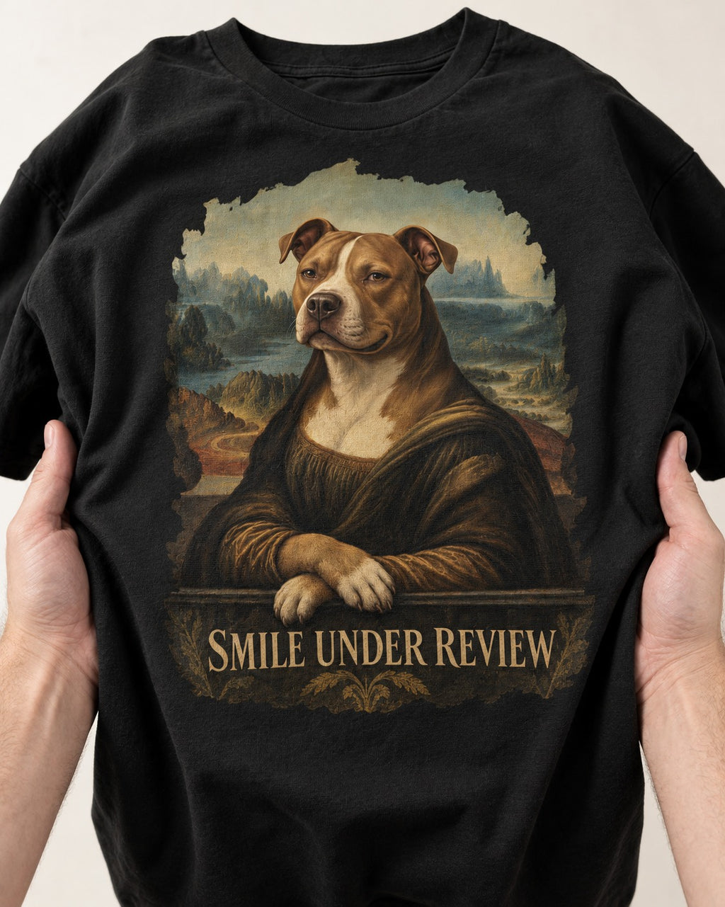 Pitbull Smile Under Review Renaissance Portrait Graphic T-Shirt in Black, close-up of the graphic