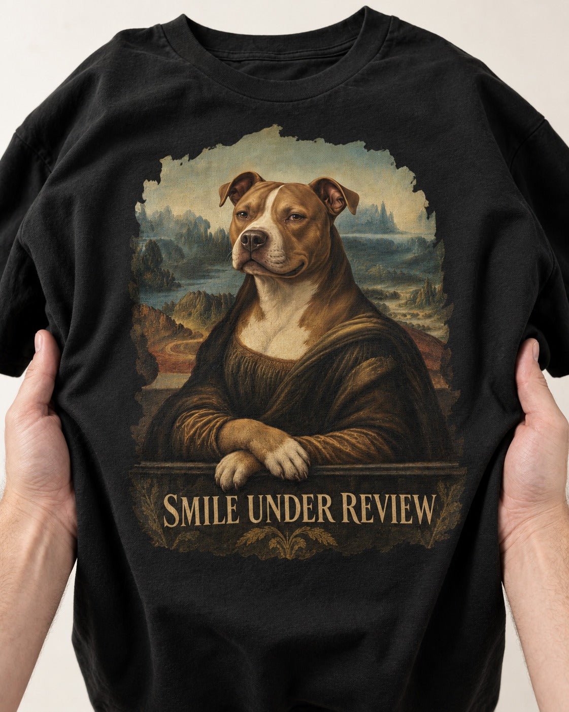 Pitbull Smile Under Review Renaissance Portrait Graphic T-Shirt in Black, close-up of the graphic