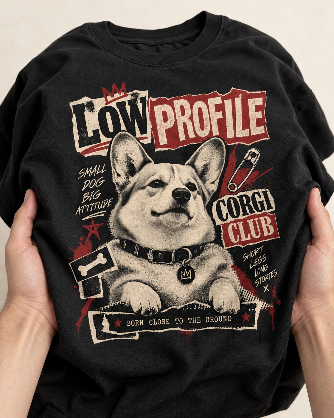 Corgi Low Profile Corgi Club Punk Collage Graphic T-Shirt in Black, close-up of the graphic