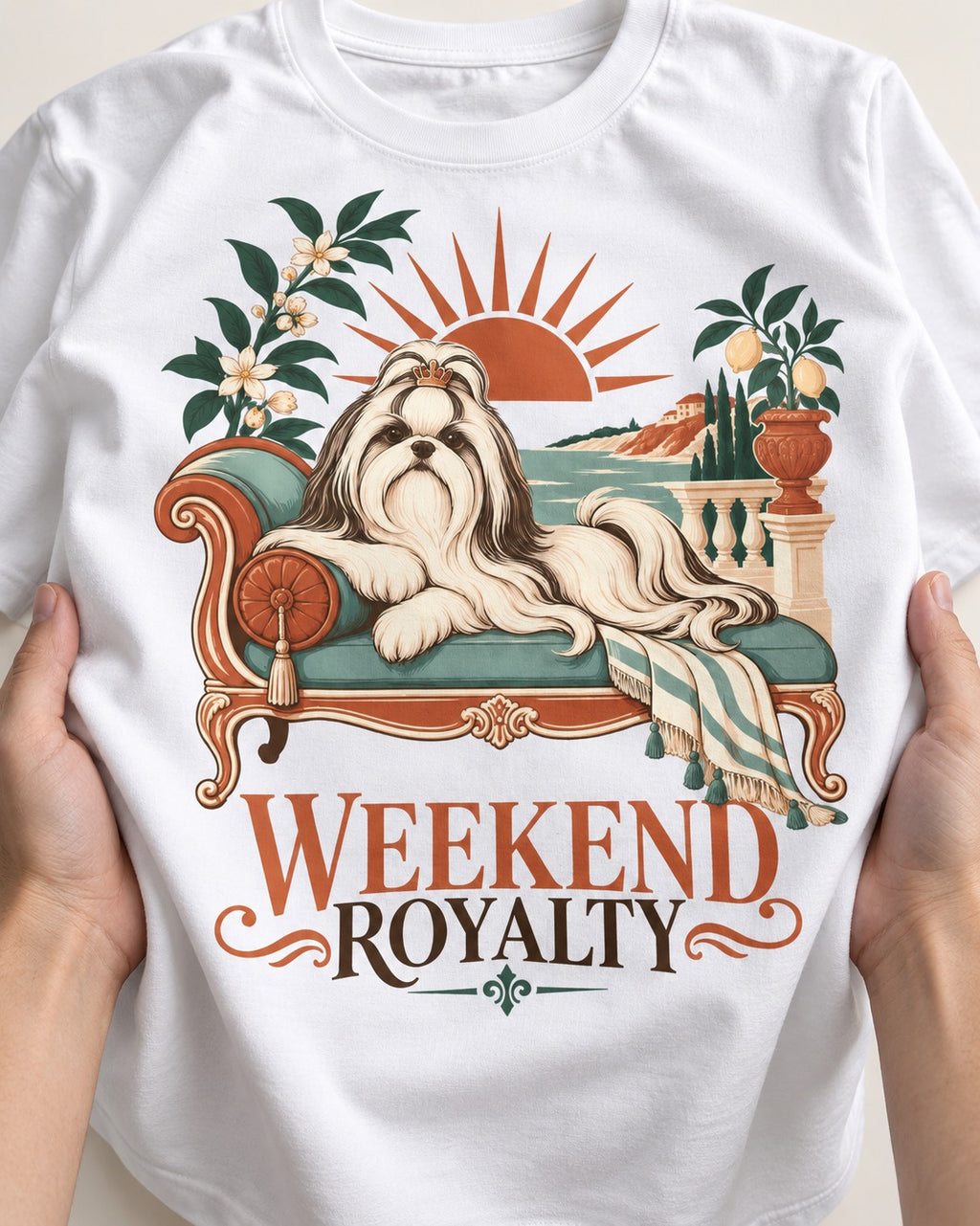 Shih Tzu Weekend Royalty T-Shirt in White, close-up of the graphic