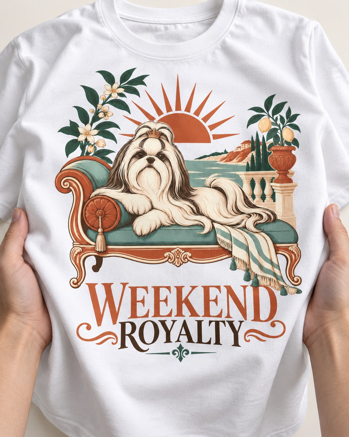 Shih Tzu Weekend Royalty T-Shirt in White, close-up of the graphic