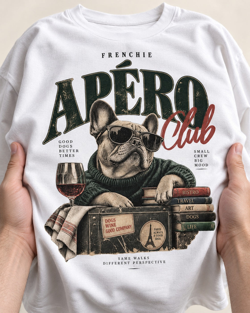 Frenchie Apero Club T-Shirt in White, close-up of the graphic