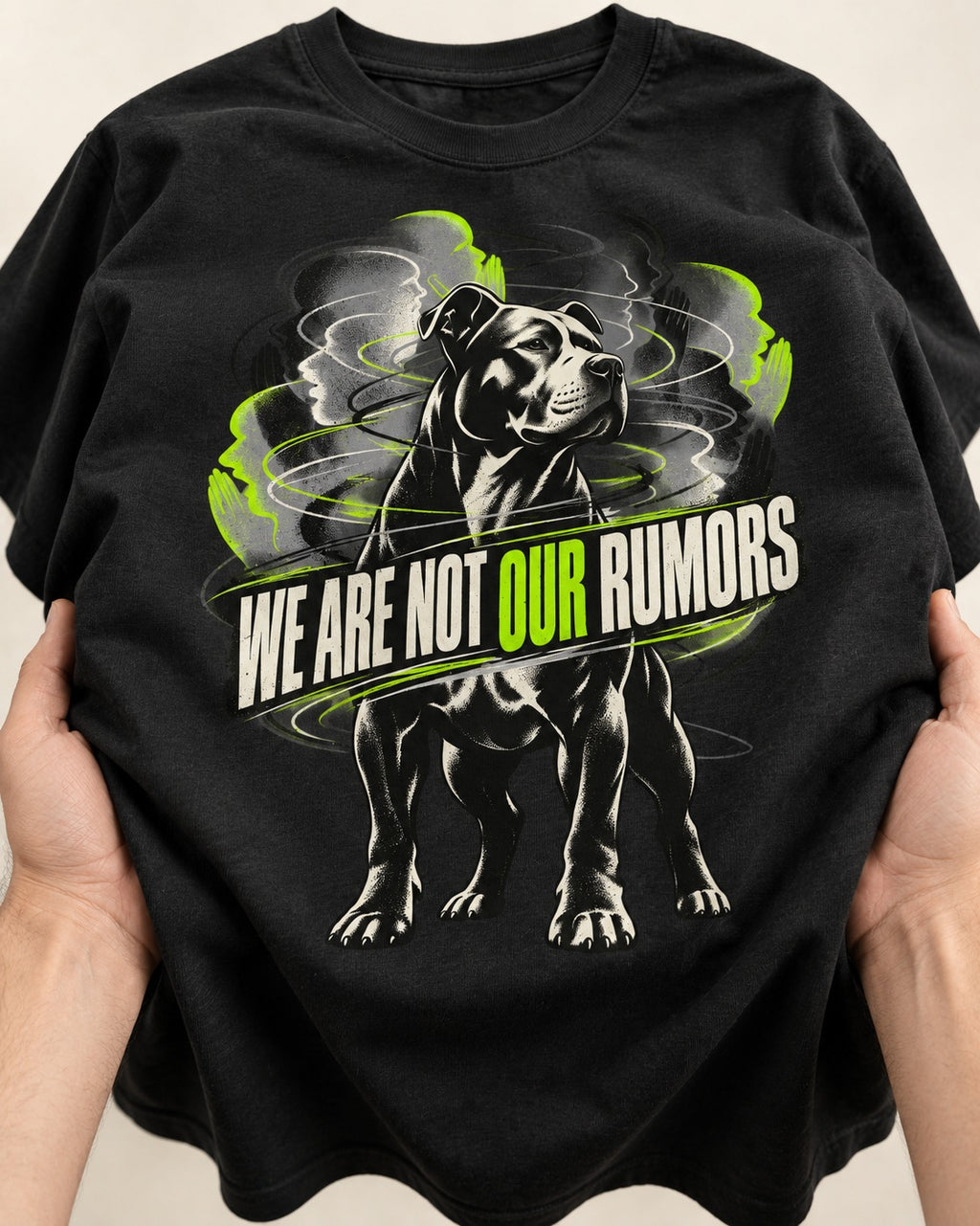Pitbull We Are Not Our Rumors Swirling Voices Graphic T-Shirt in Black, close-up of the graphic