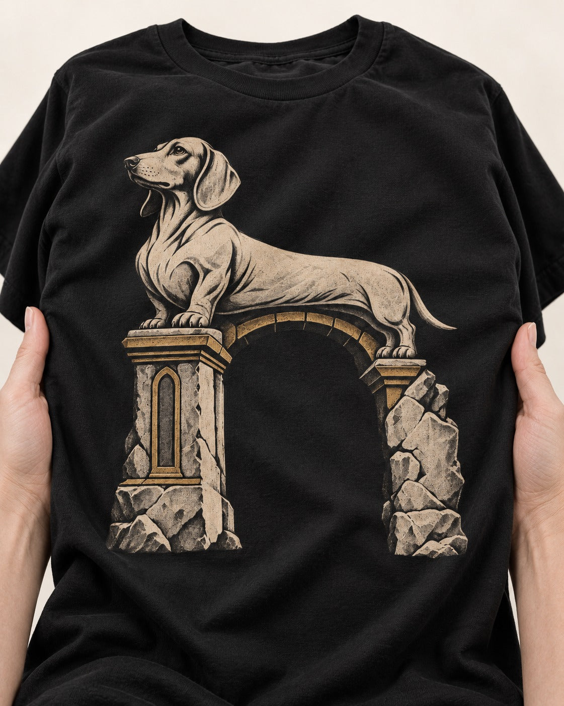 Dachshund Ruined Stone Arch Monument Graphic T-Shirt in Black, close-up of the graphic