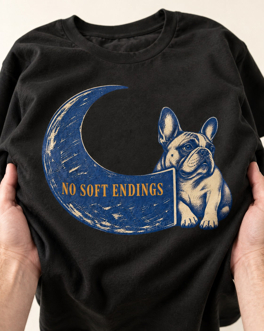Frenchie No Soft Endings Crescent Graphic T-Shirt in Black, close-up of the graphic