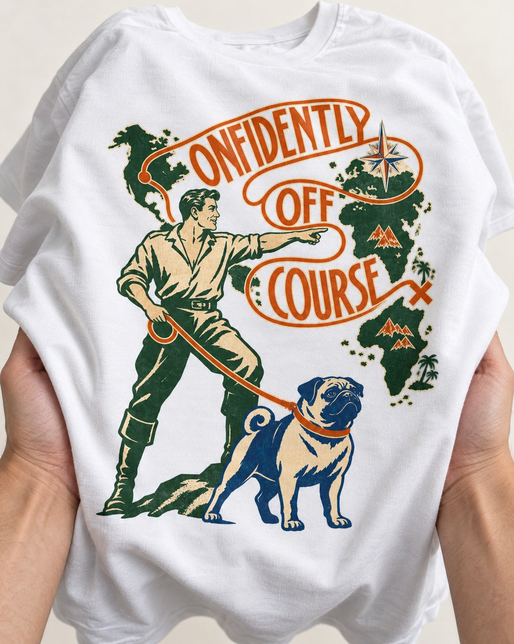 Pug Confidently Off Course T-Shirt in White, close-up of the graphic