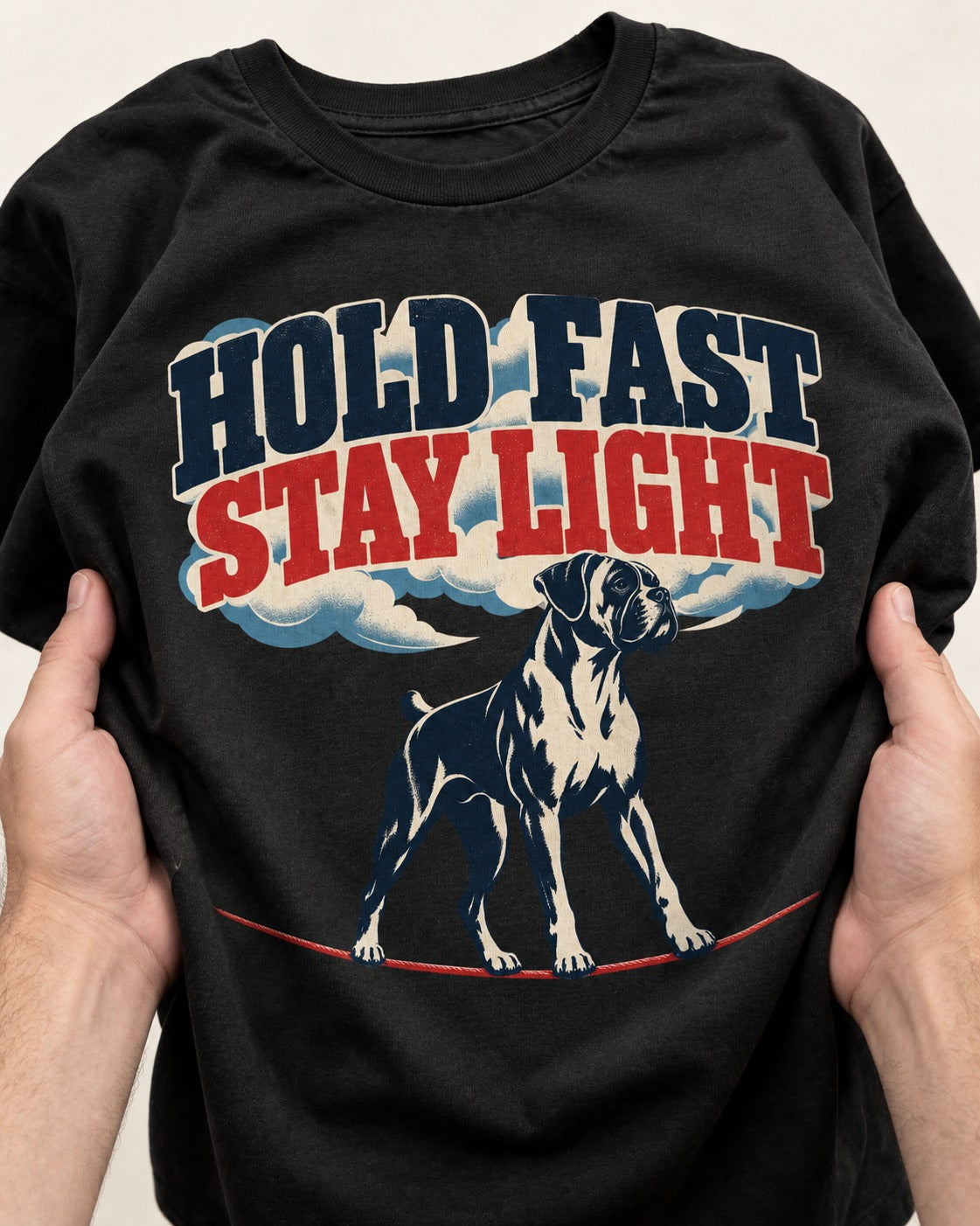 Hold Fast Stay Light Boxer Cloud Graphic T-Shirt in Black, close-up of the graphic