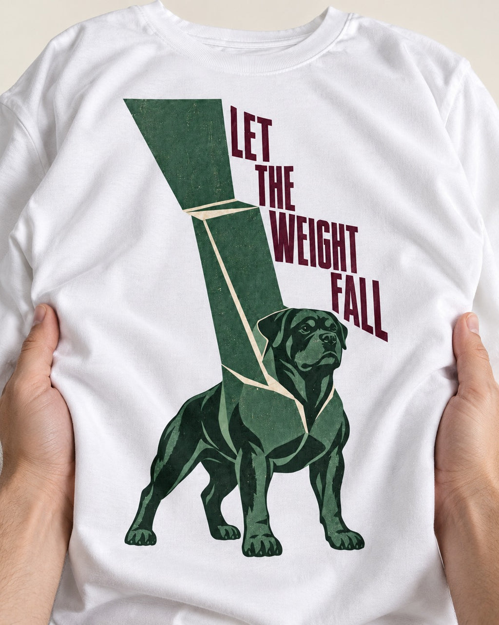 Let the Weight Fall Rottweiler T-Shirt in White, close-up of the graphic