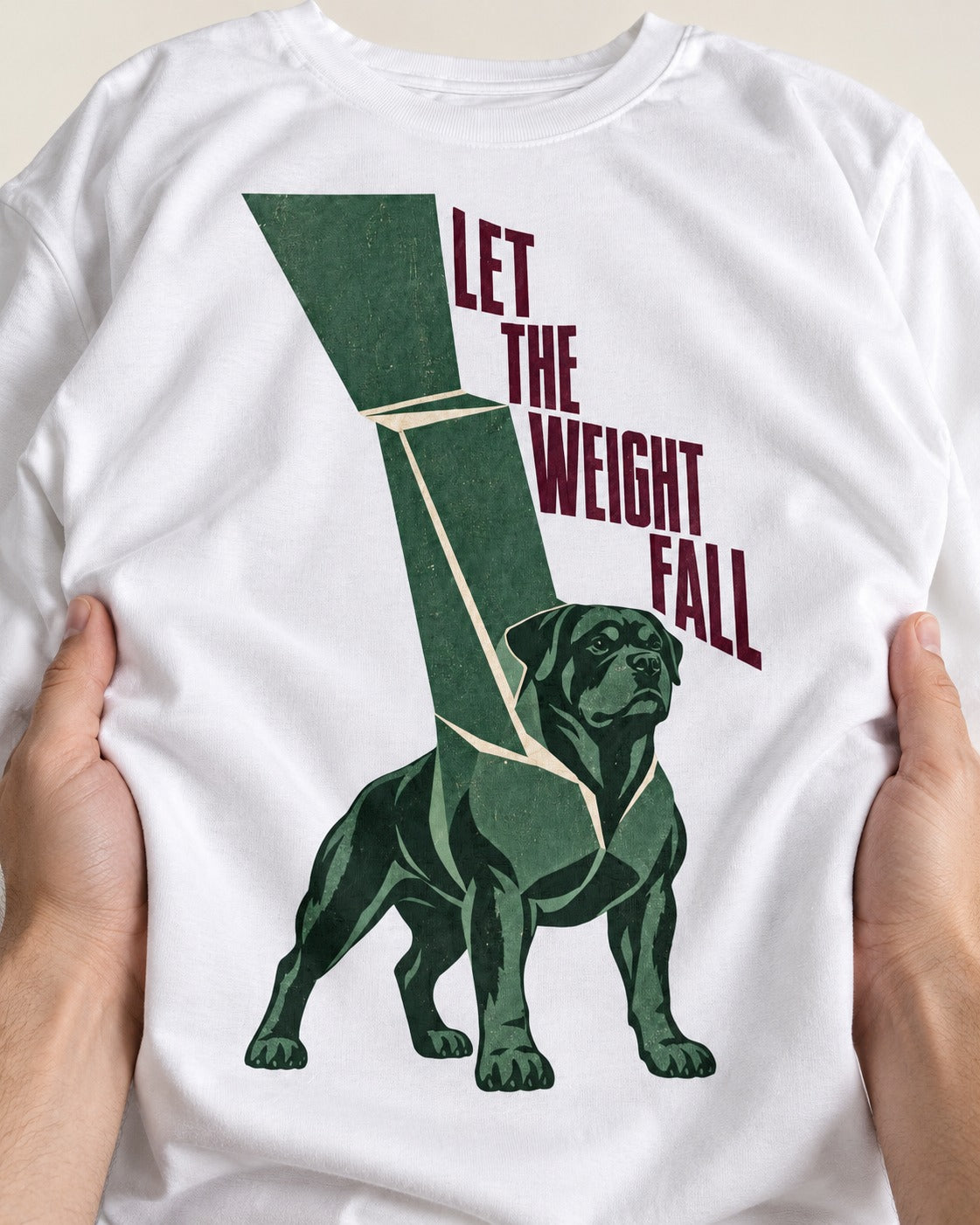 Let the Weight Fall Rottweiler T-Shirt in White, close-up of the graphic
