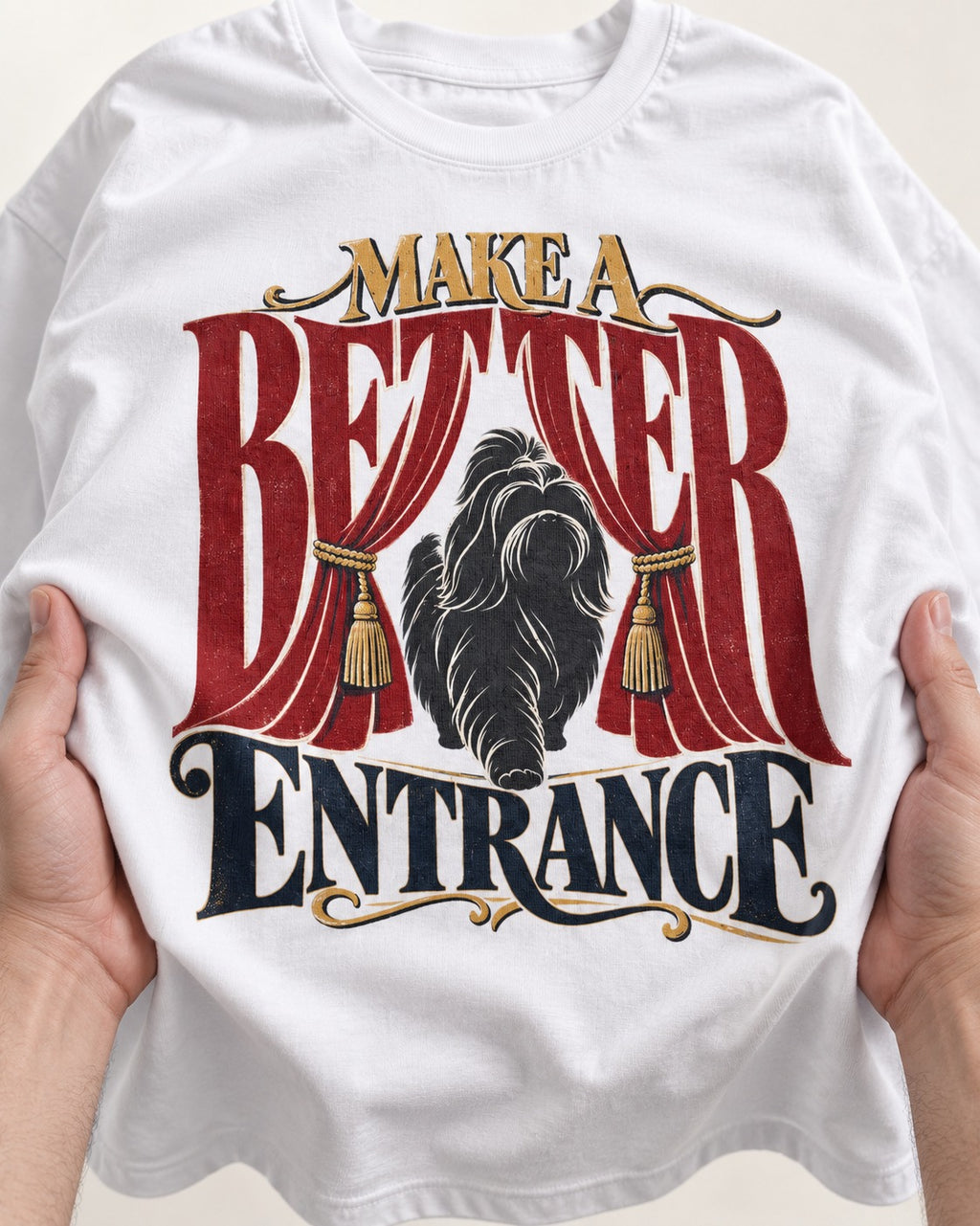 A Better Shih Tzu Entrance T-Shirt in White, close-up of the graphic