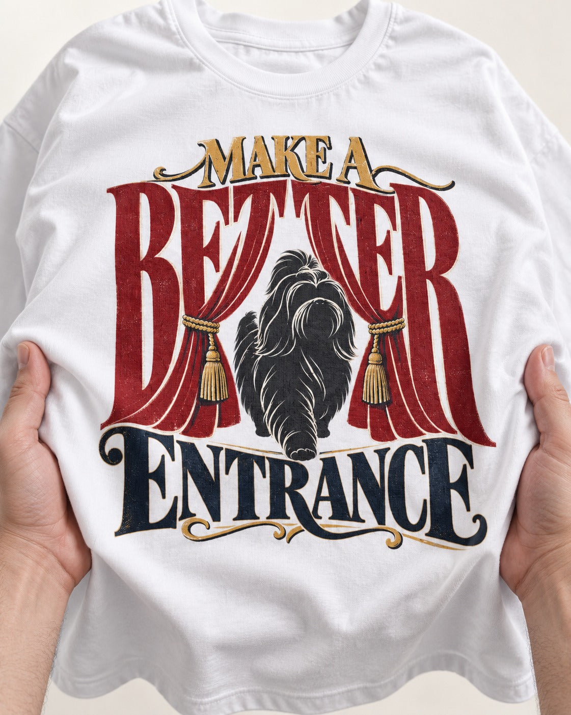 A Better Shih Tzu Entrance T-Shirt in White, close-up of the graphic