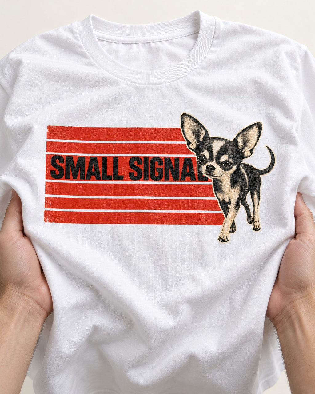 Small Signal Chihuahua T-Shirt in White, close-up of the graphic