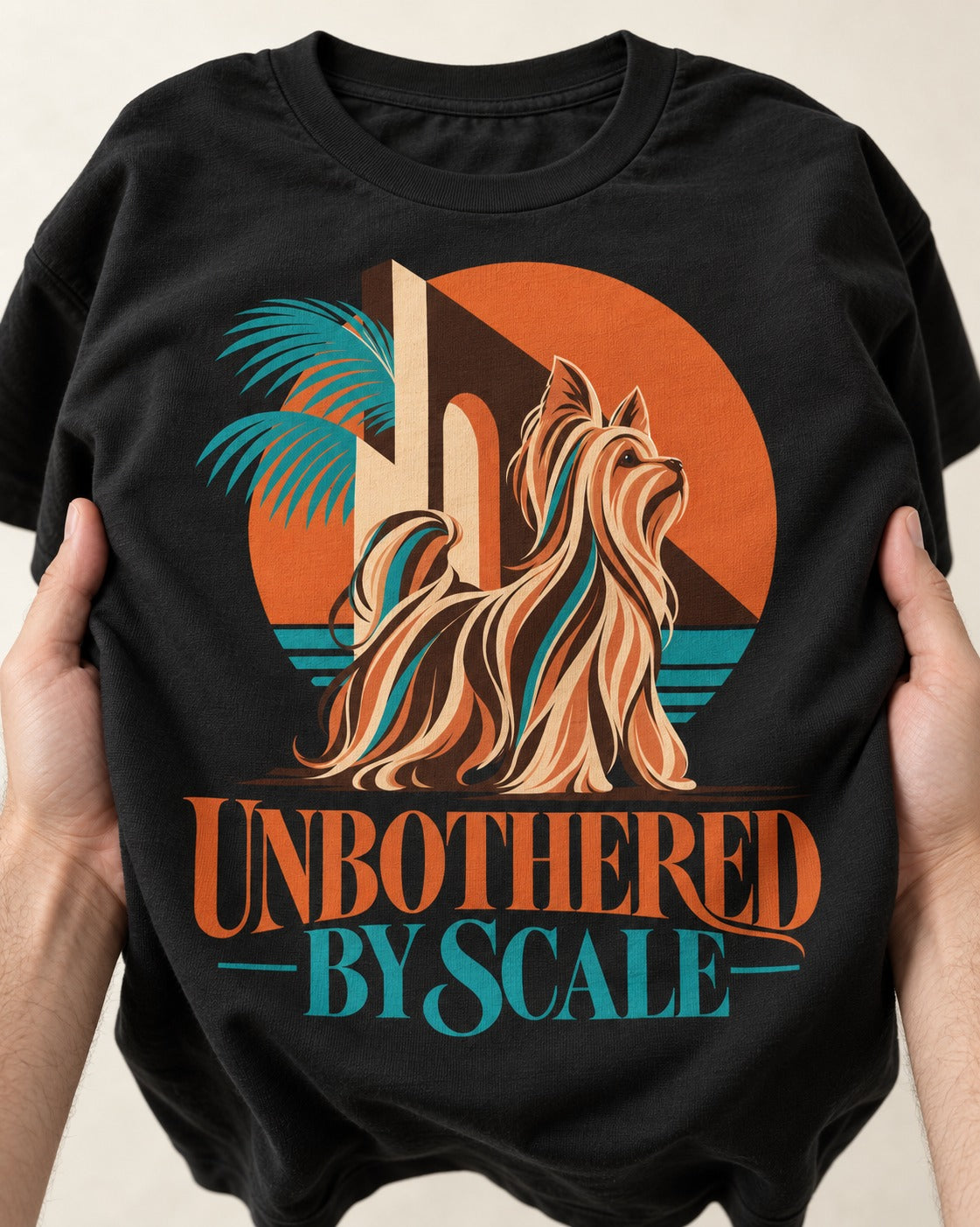 Yorkshire Terrier Unbothered by Scale Tropical Architecture Graphic T-Shirt in Black, close-up of the graphic
