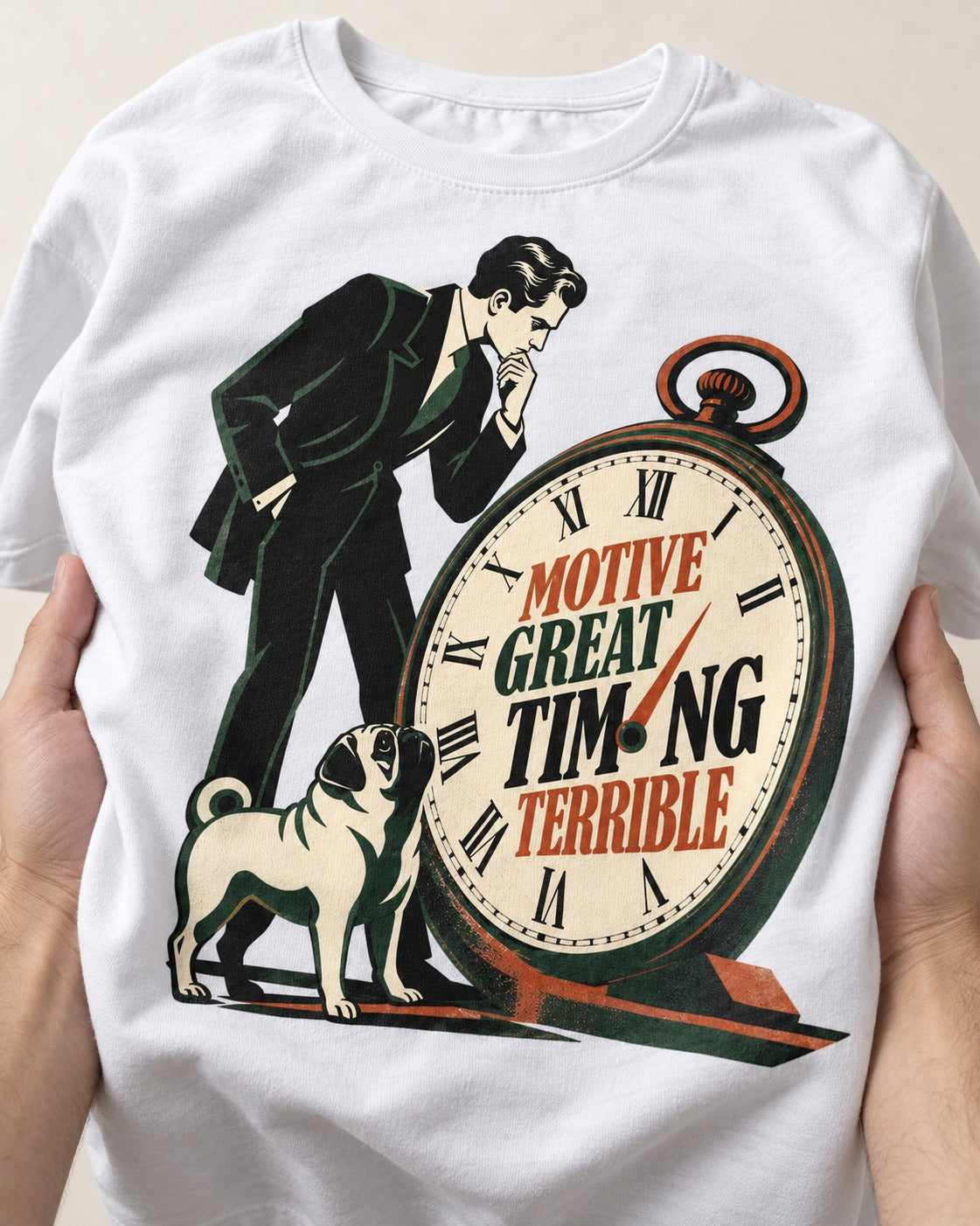 Pug Great Motive Terrible Timing T-Shirt in White, close-up of the graphic