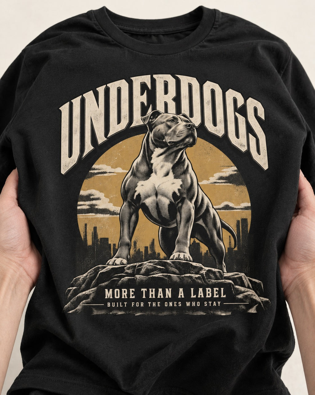 Pitbull Underdogs City Monument Graphic T-Shirt in Black, close-up of the graphic