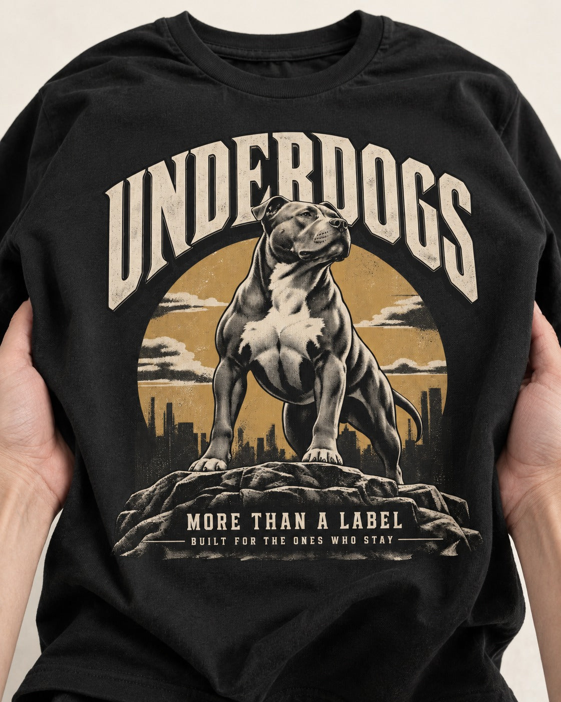 Pitbull Underdogs City Monument Graphic T-Shirt in Black, close-up of the graphic