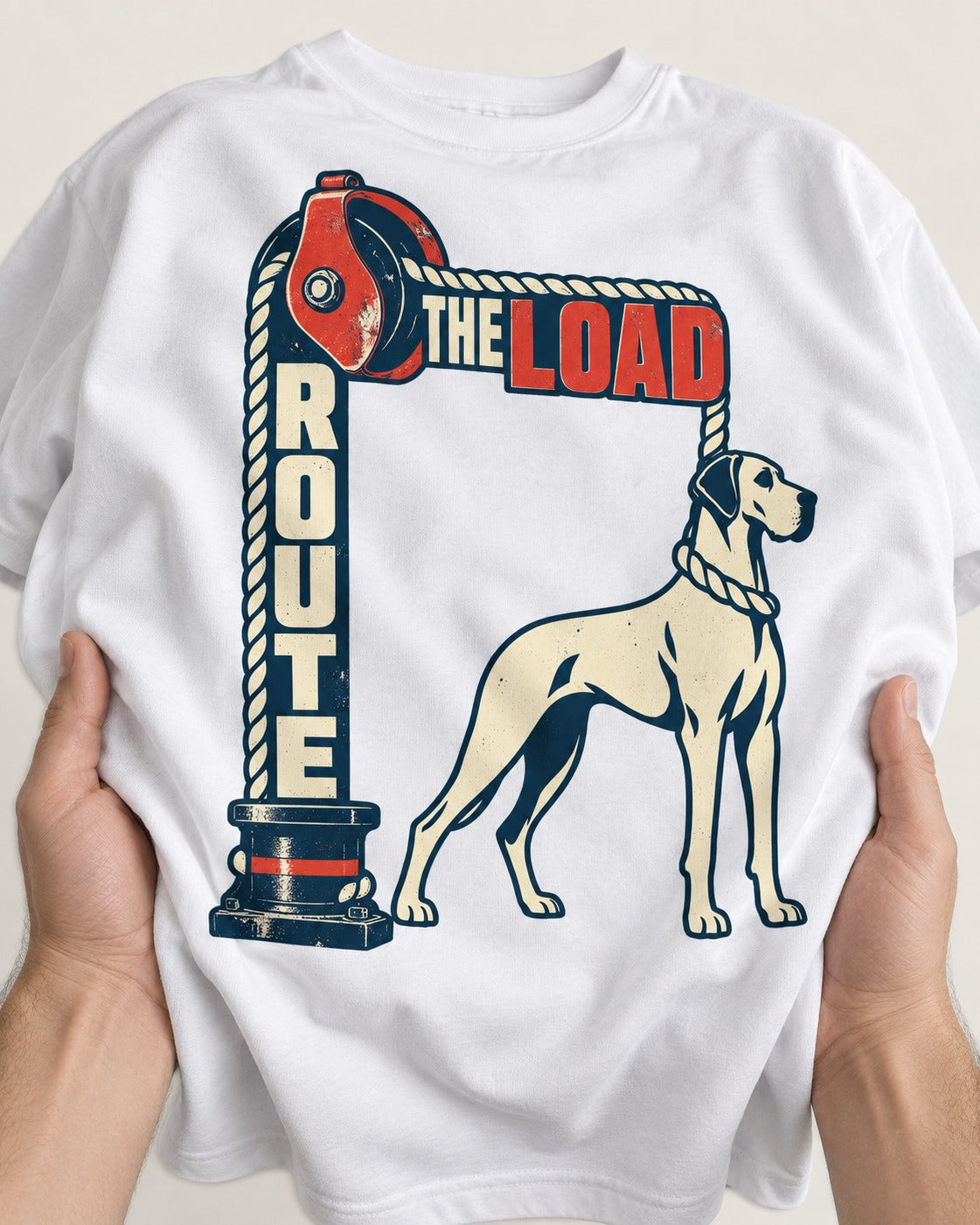 Great Dane Route the Load T-Shirt in White, close-up of the graphic