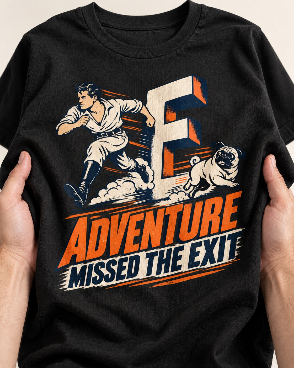 Pug Adventure Missed the Exit Running Graphic T-Shirt in Black, close-up of the graphic