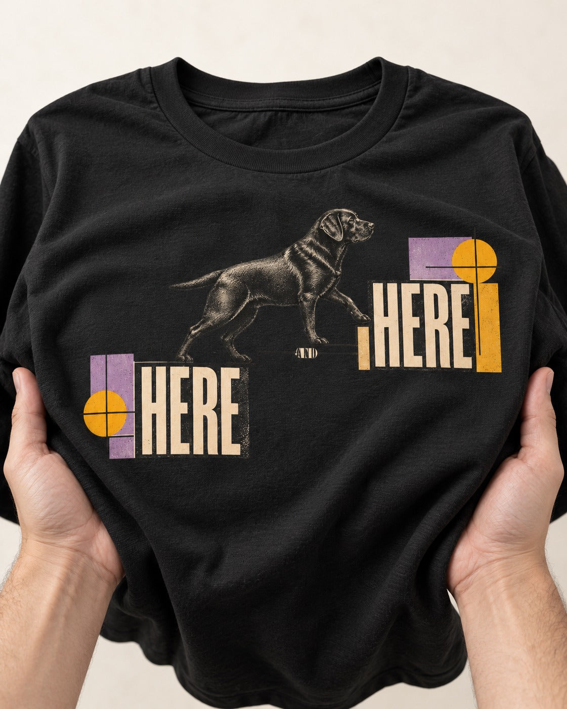 Here and Here Stepping Labrador Retriever Graphic T-Shirt in Black, close-up of the graphic