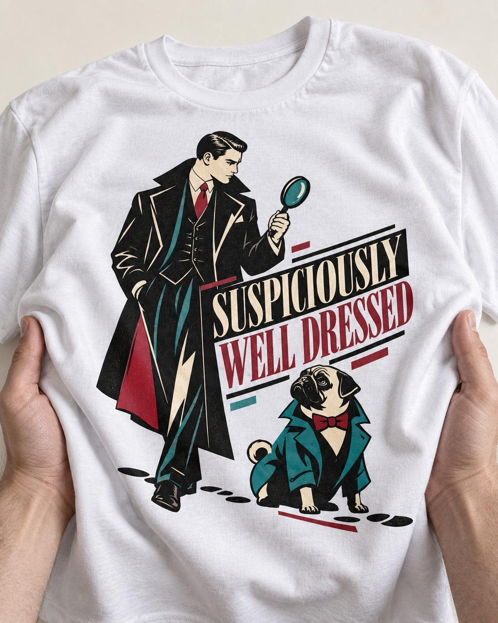 Suspiciously Well Dressed Pug T-Shirt in White, close-up of the graphic