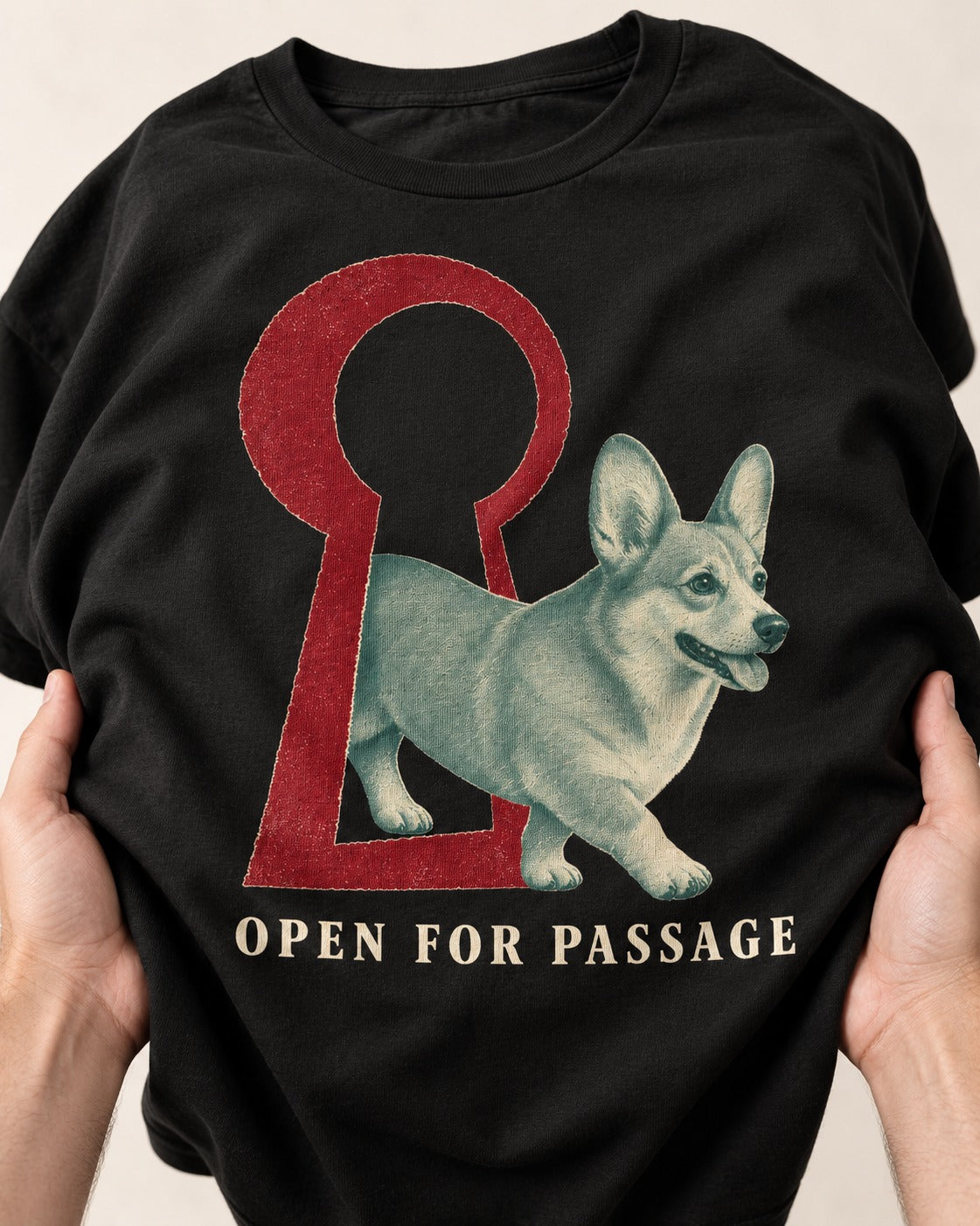 Corgi Open for Passage Keyhole Graphic T-Shirt in Black, close-up of the graphic