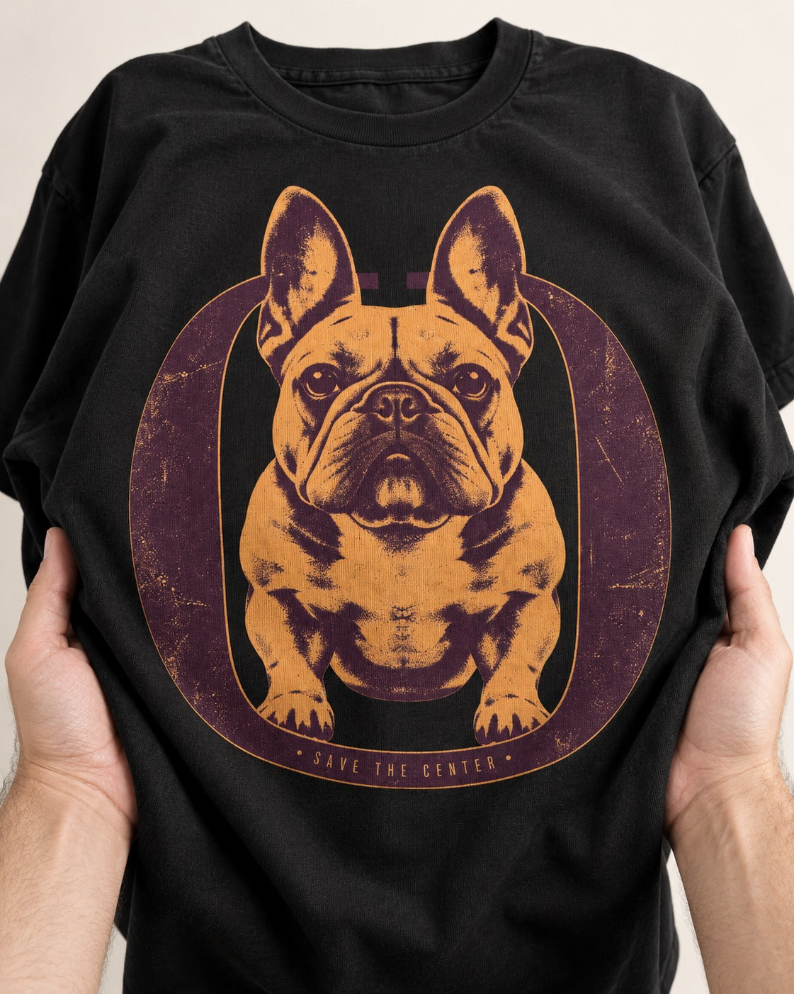Frenchie Save the Center Oval Portrait Graphic T-Shirt in Black, close-up of the graphic