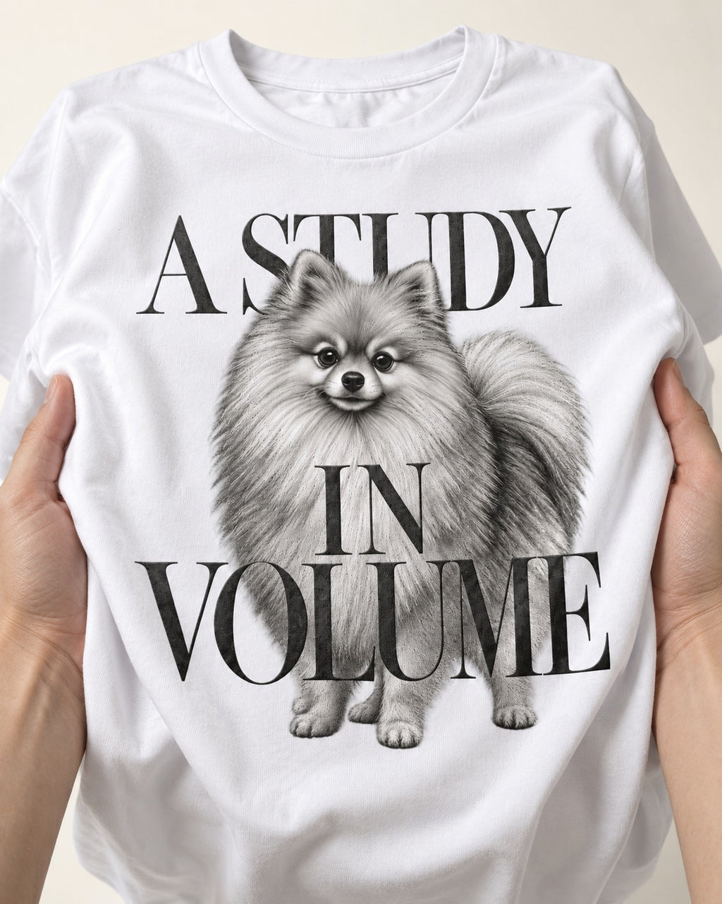 Pomeranian Study in Volume T-Shirt in White, close-up of the graphic