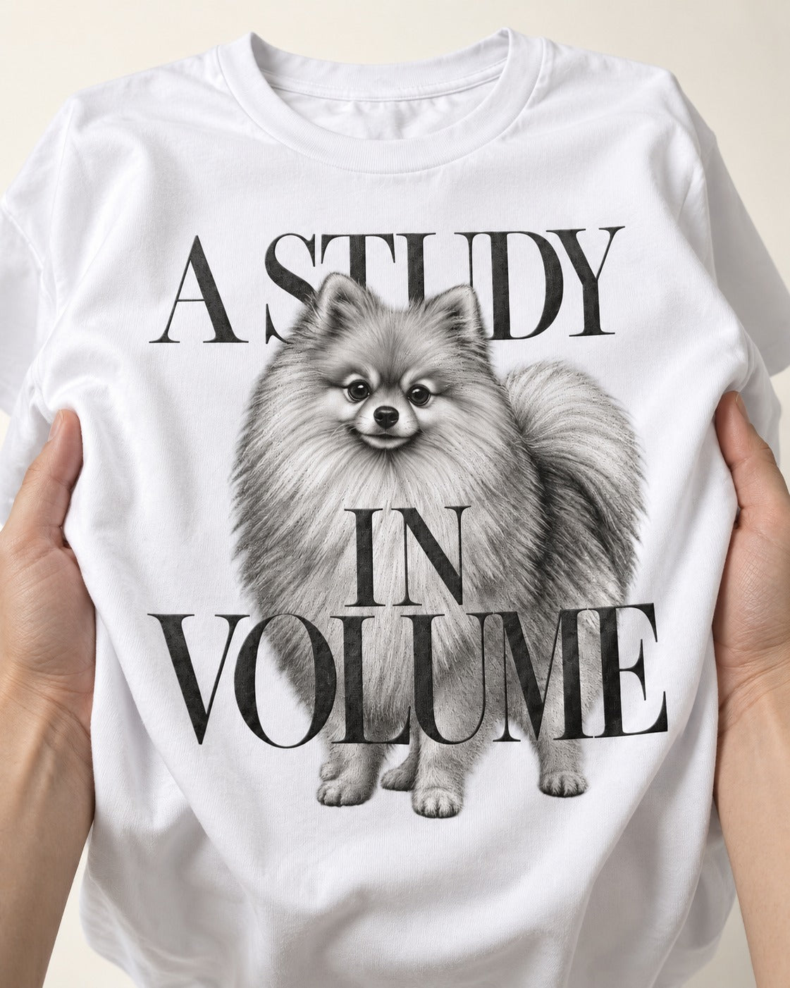 Pomeranian Study in Volume T-Shirt in White, close-up of the graphic
