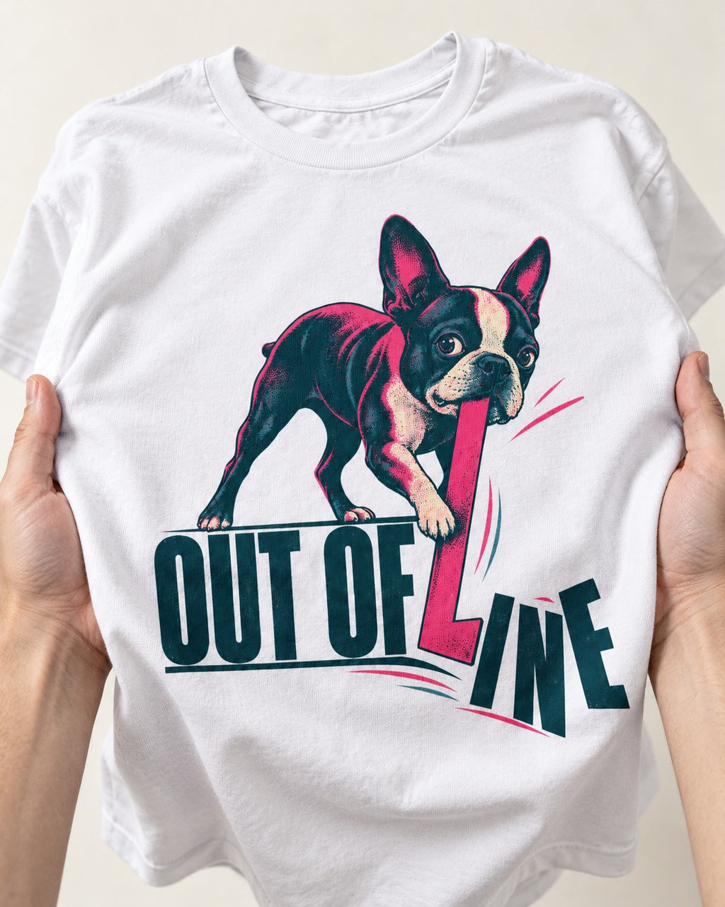 Boston Terrier Out of Line T-Shirt in White, close-up of the graphic