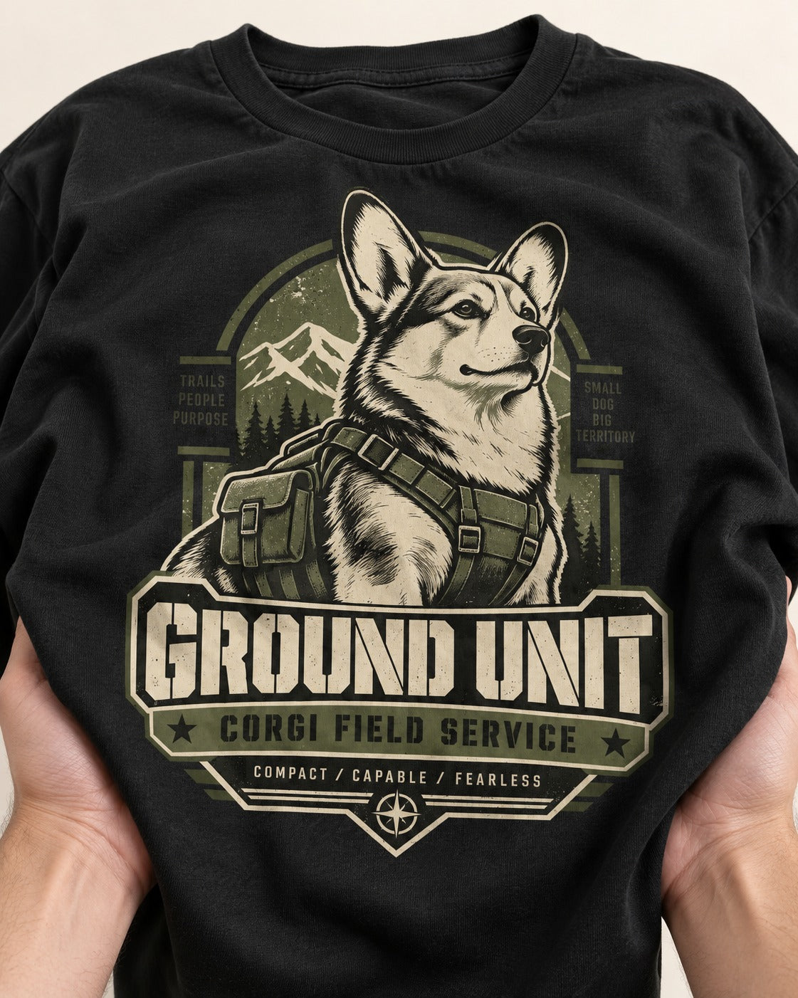 Corgi Ground Unit Field Service Badge T-Shirt in Black, close-up of the graphic