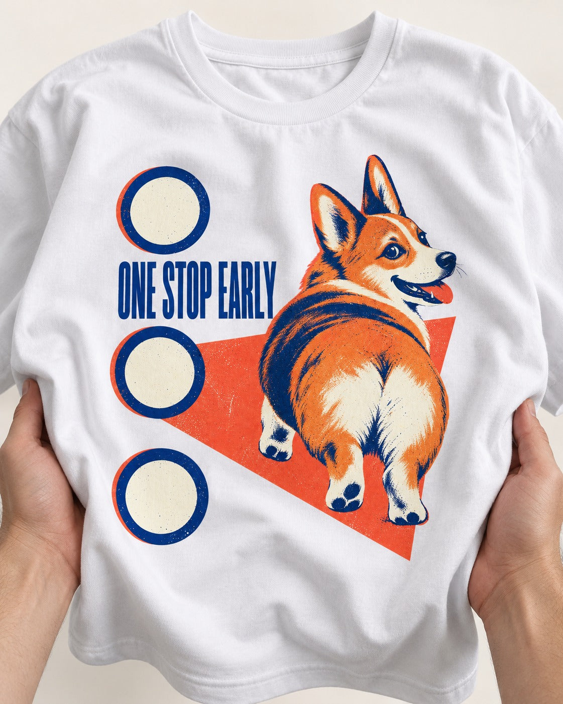 One Stop Early Corgi T-Shirt in White, close-up of the graphic